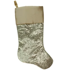22" Golden Metallic Sequined Christmas Stocking with Satin Cuff