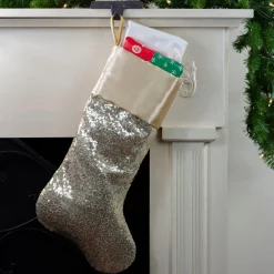 22" Golden Metallic Sequined Christmas Stocking with Satin Cuff