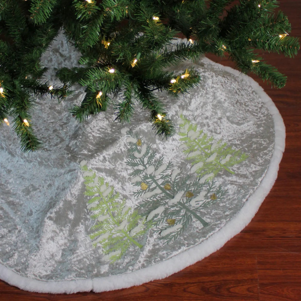 48" Gray and Green Traditional Trees Embossed Christmas Tree Skirt