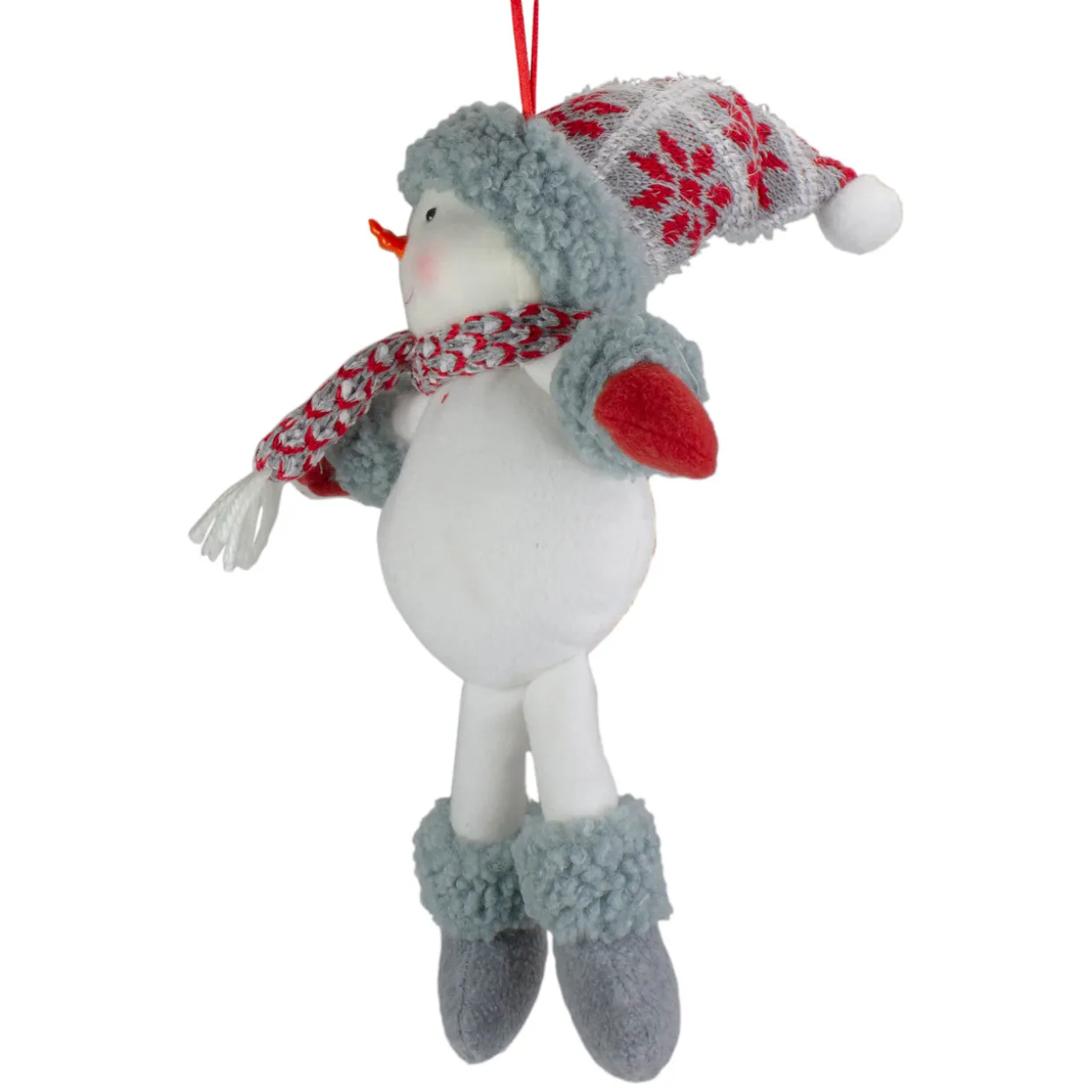14" Gray and Red Plush Snowman Hanging Christmas Ornament