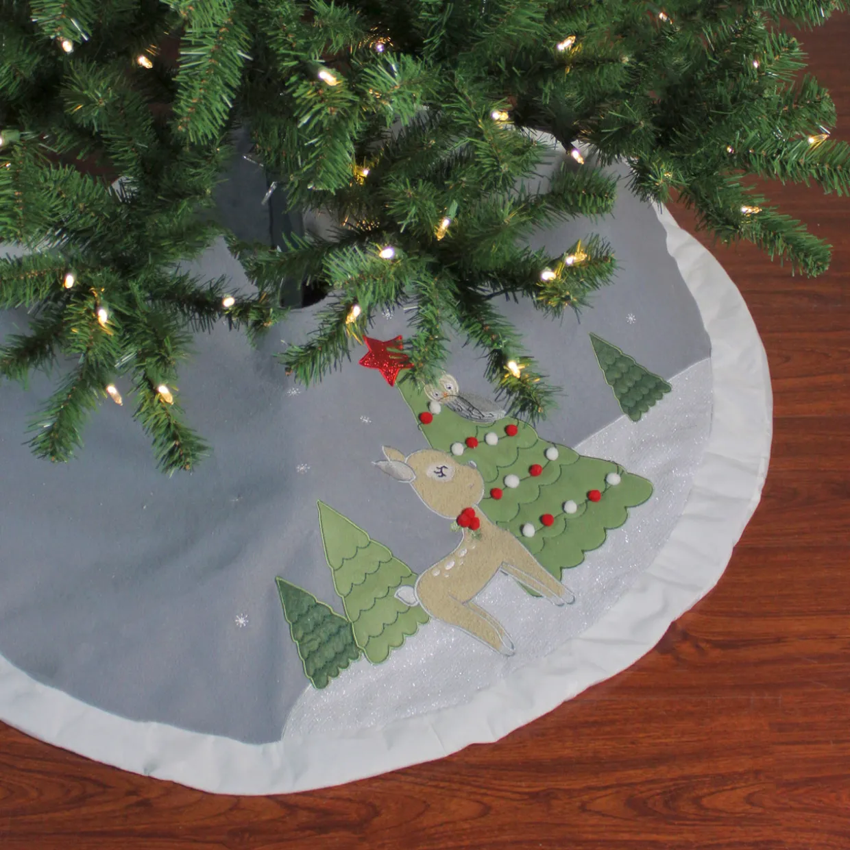 48" Gray and White Deer with Owl Christmas Tree Skirt