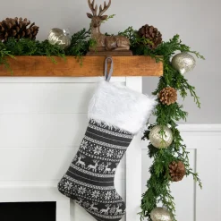 19" Gray and White Reindeer and Snowflake Knit Christmas Stocking with Faux Fur Cuff