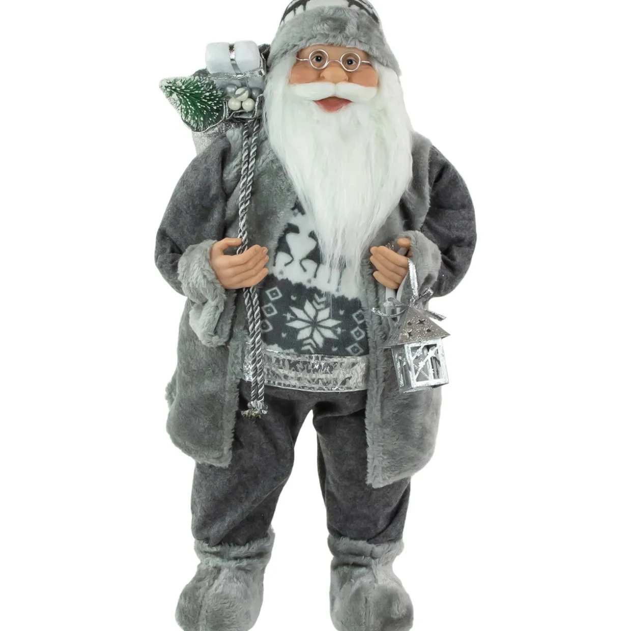 24" Gray and White Santa Claus with Lantern Christmas Figure
