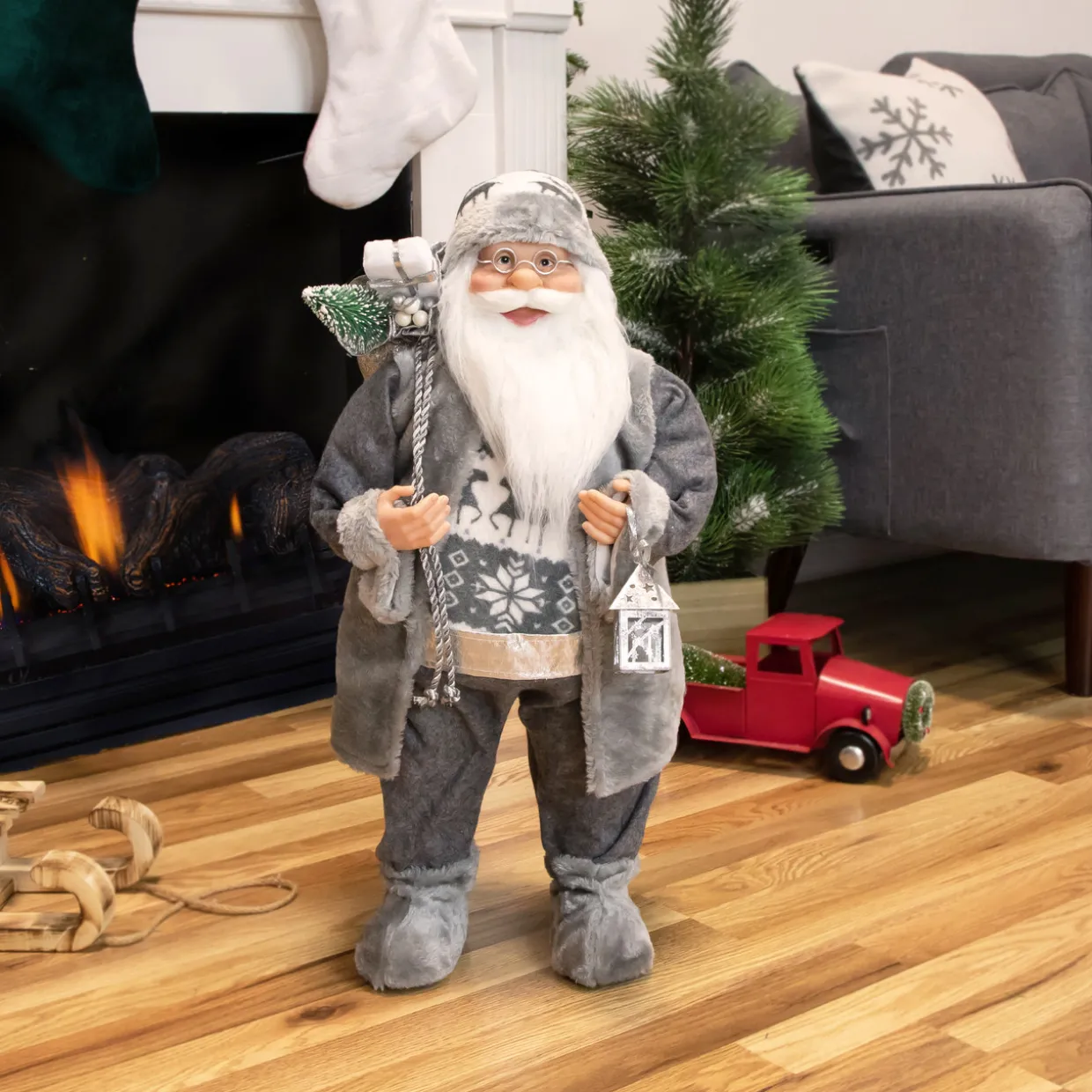 24" Gray and White Santa Claus with Lantern Christmas Figure