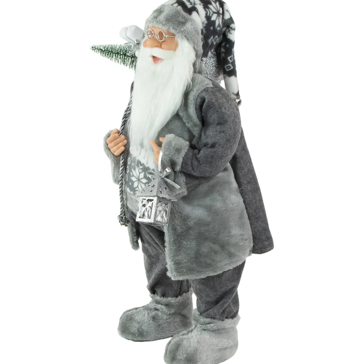 24" Gray and White Santa Claus with Lantern Christmas Figure
