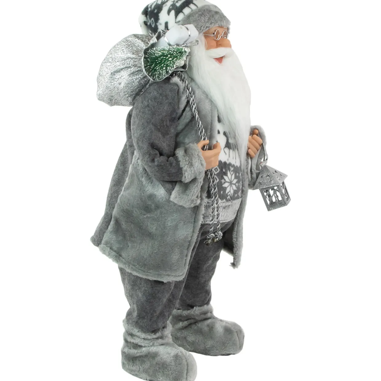 24" Gray and White Santa Claus with Lantern Christmas Figure