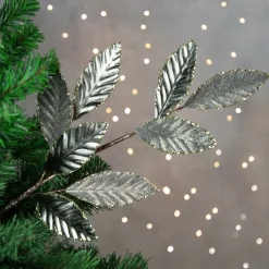 28" Gray Glitter Textured Leaves Christmas Spray
