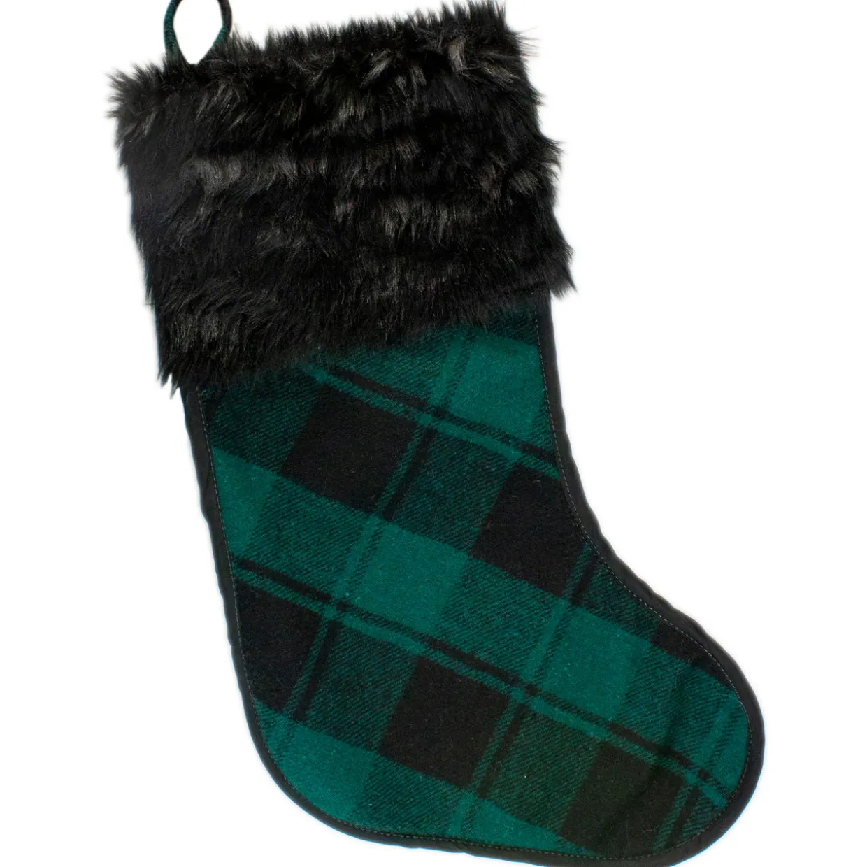 19" Green and Black Plaid Christmas Stocking with Faux Fur