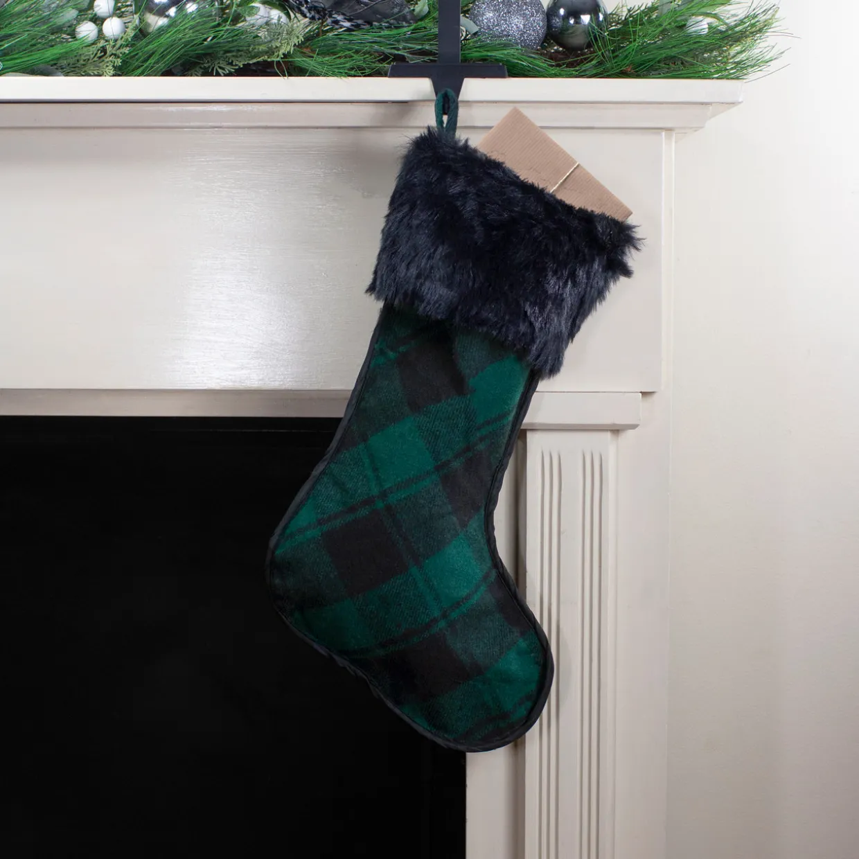 19" Green and Black Plaid Christmas Stocking with Faux Fur