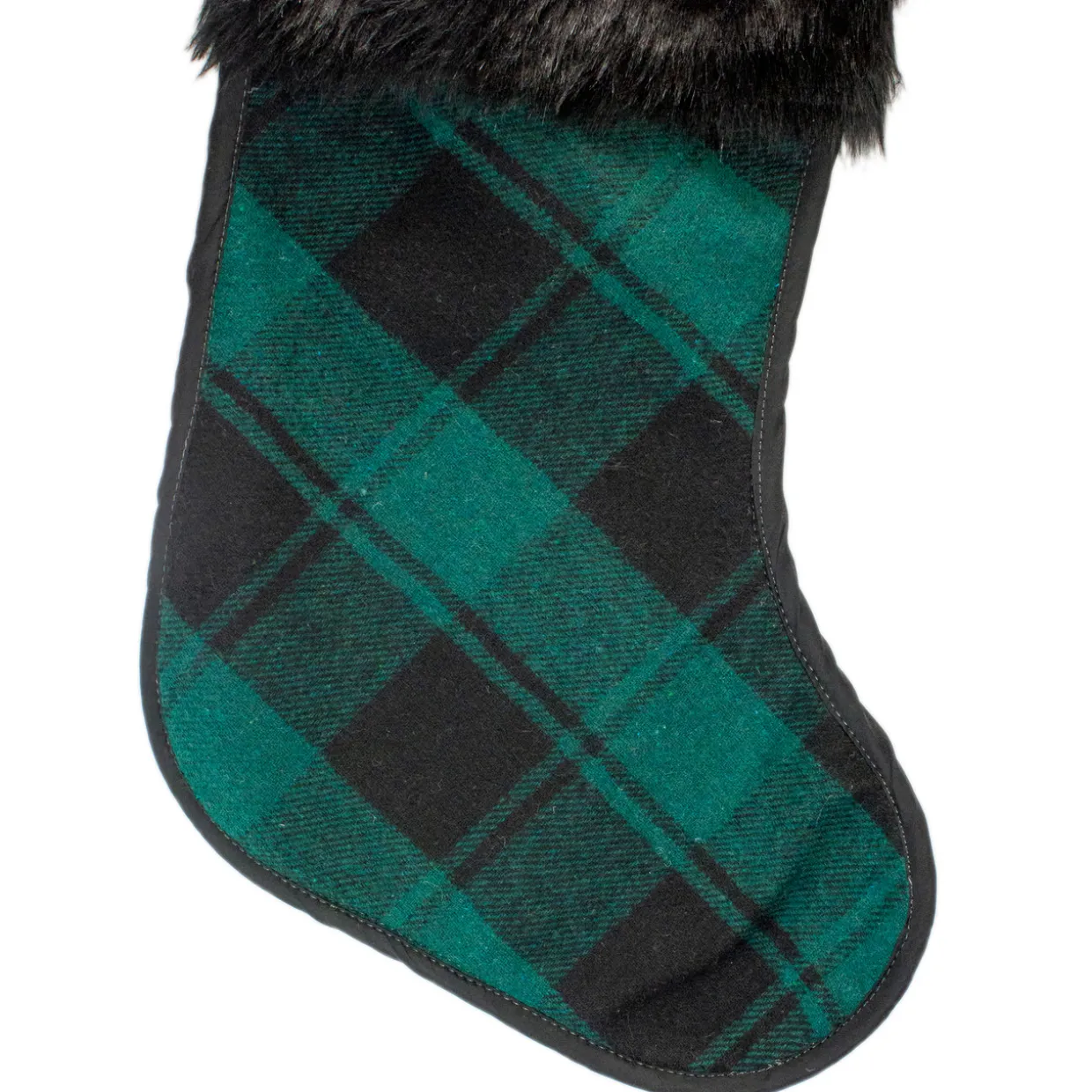 19" Green and Black Plaid Christmas Stocking with Faux Fur