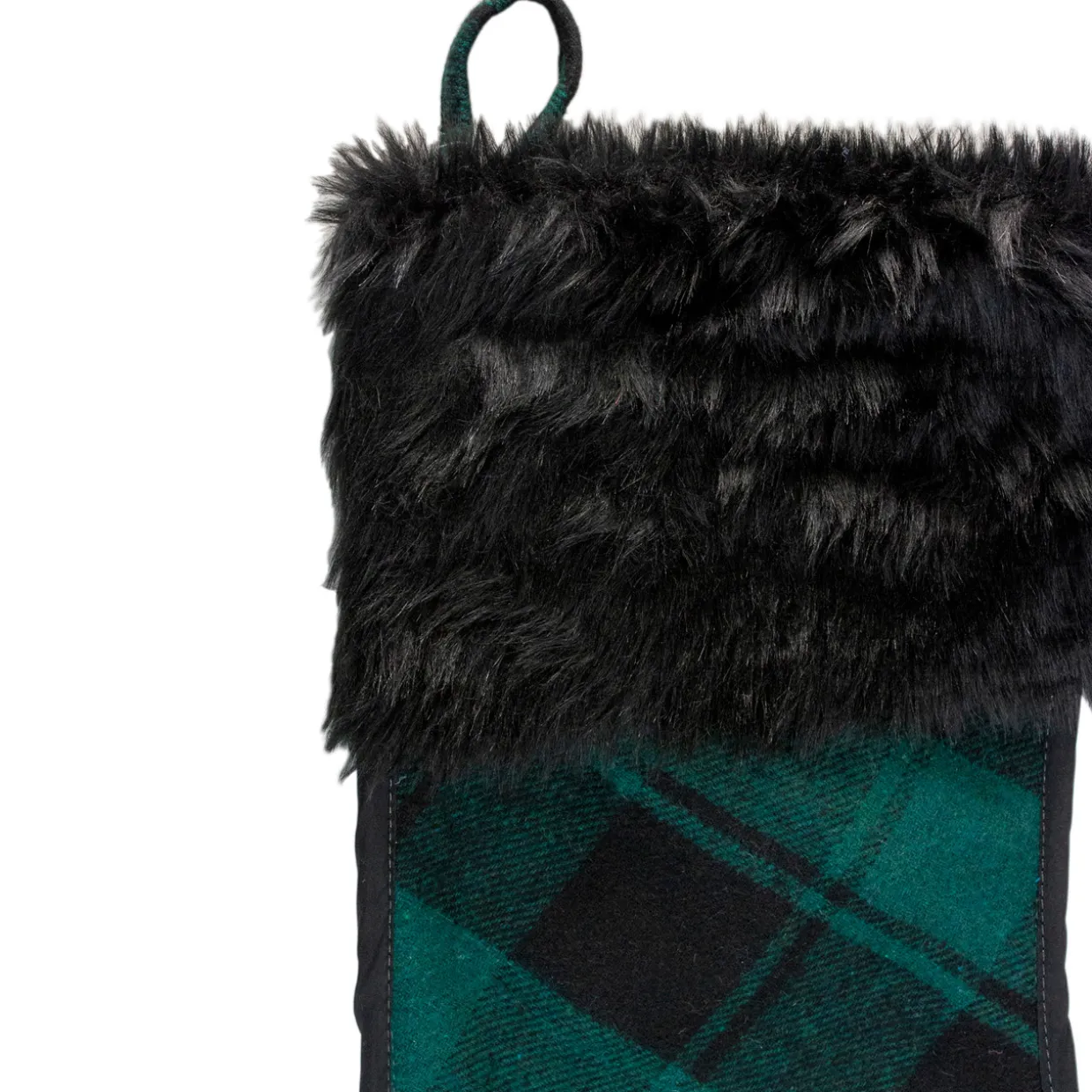 19" Green and Black Plaid Christmas Stocking with Faux Fur