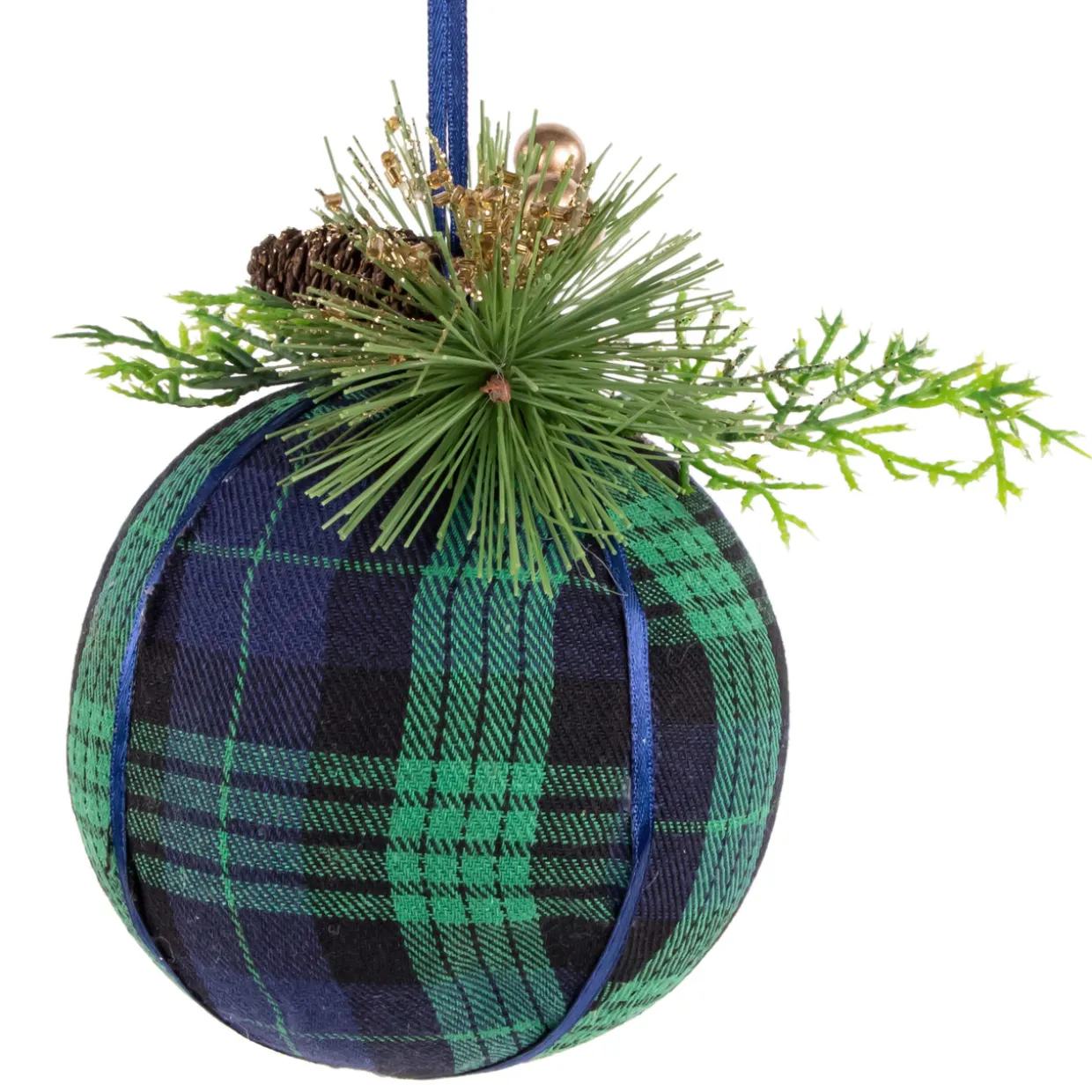 4" Green and Blue Plaid Hanging Christmas Ball Ornament