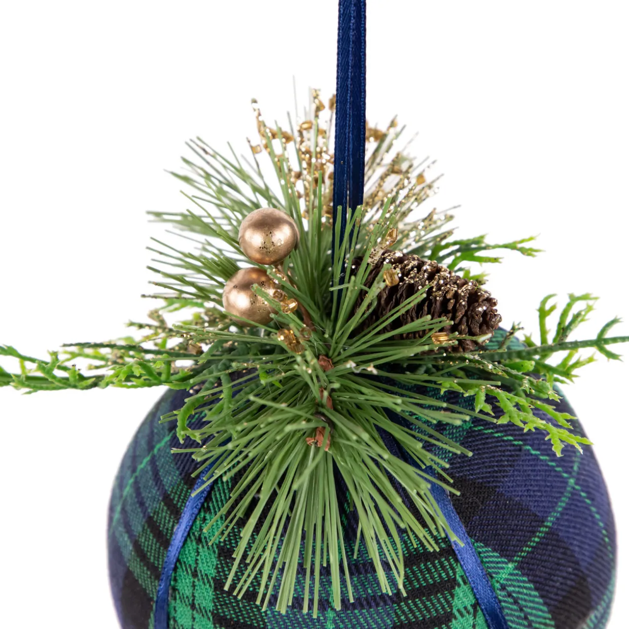 4" Green and Blue Plaid Hanging Christmas Ball Ornament