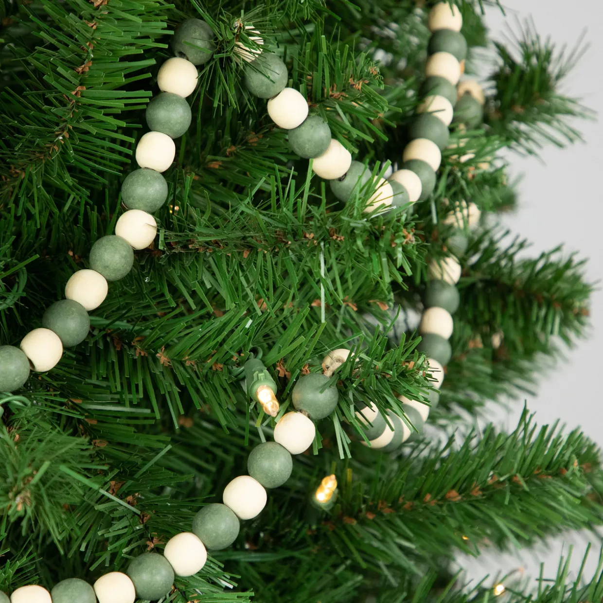 6' Green and Cream Wooden Beads Christmas Garland, Unlit