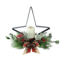 15" Green and Ivory Pine Needle, Berry, and Jingle Bell Deep Star Shaped Candle Holder