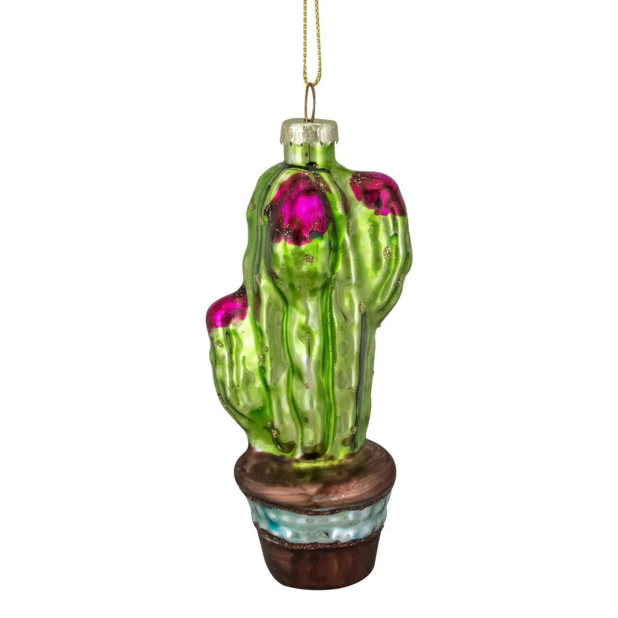 4.75" Green and Pink Potted Cactus Glass Christmas Ornament