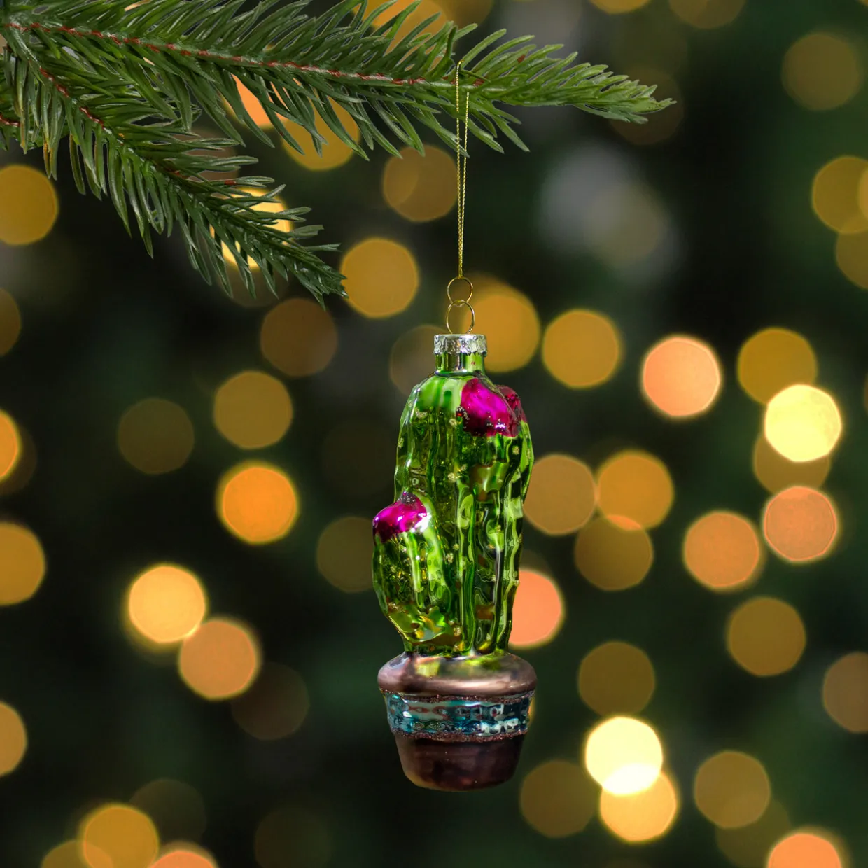 4.75" Green and Pink Potted Cactus Glass Christmas Ornament