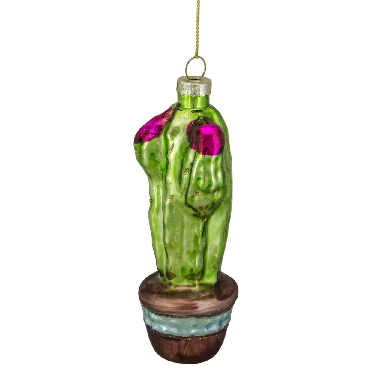 4.75" Green and Pink Potted Cactus Glass Christmas Ornament