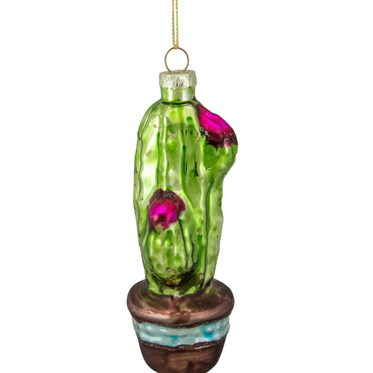4.75" Green and Pink Potted Cactus Glass Christmas Ornament