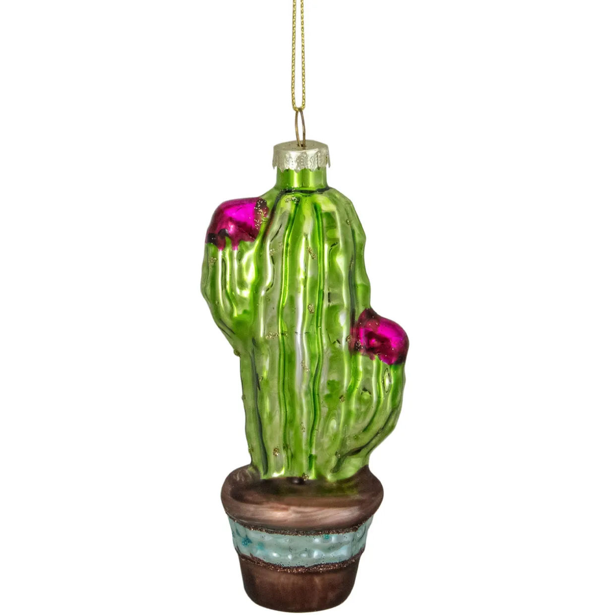 4.75" Green and Pink Potted Cactus Glass Christmas Ornament
