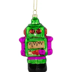 5" Green and Purple Robot Glass Christmas Ornament