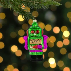 5" Green and Purple Robot Glass Christmas Ornament