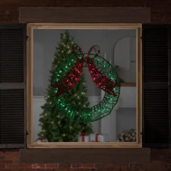 20" Green and Red Lighted Wreath and Bow Christmas Window Silhouette Decoration