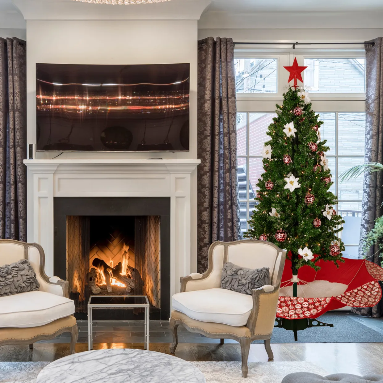 6' Green and Red Musical Lighted Snowing Artificial Christmas Tree, White LED Lights