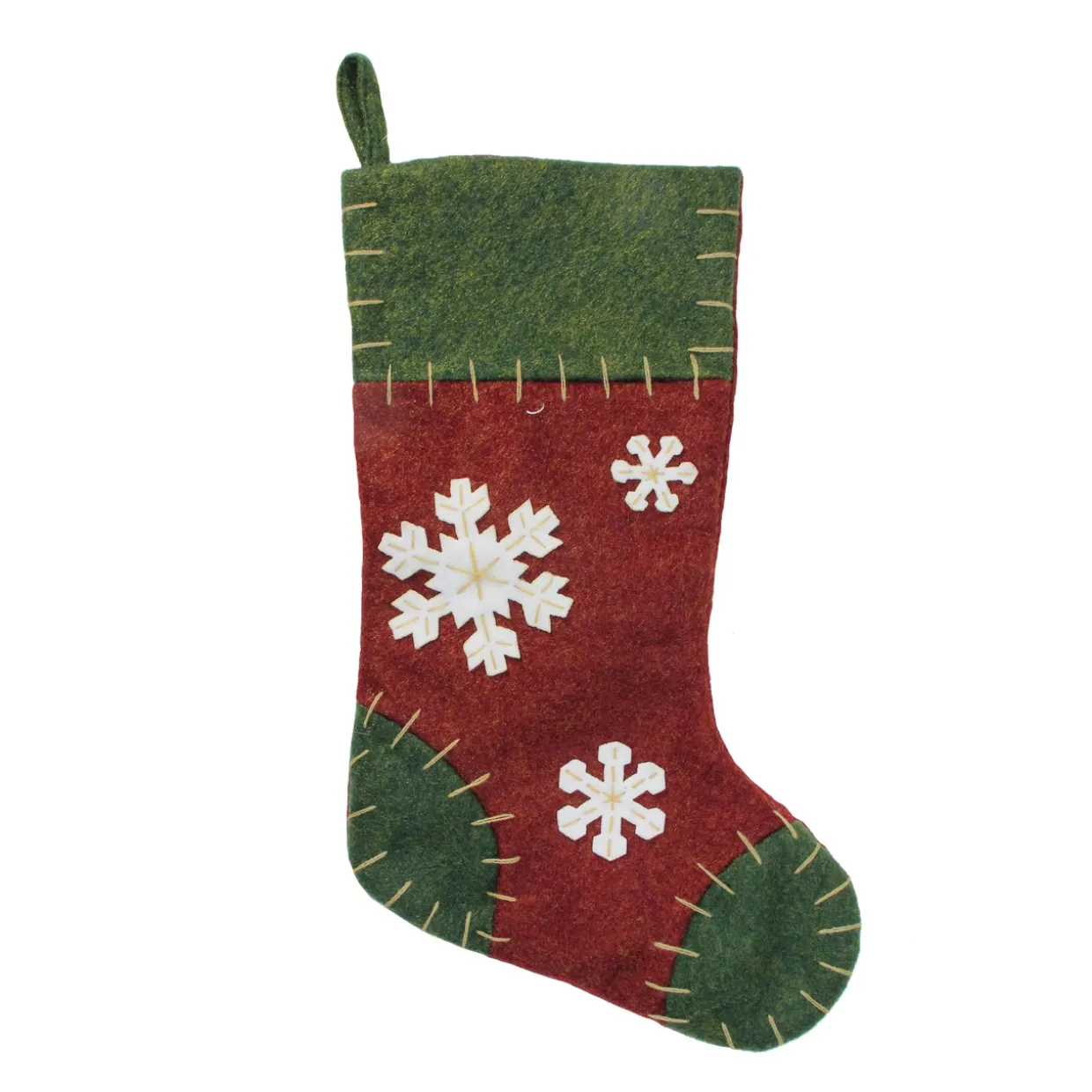 20" Green and Red Snowflake Christmas Stocking with Blanket Stitching