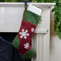 20" Green and Red Snowflake Christmas Stocking with Blanket Stitching