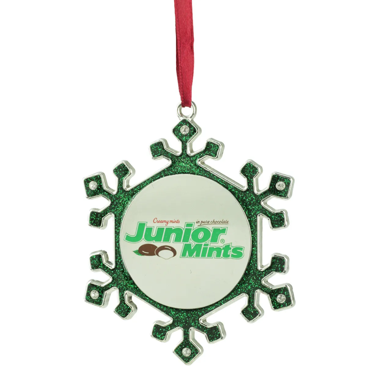3.25" Green and Silver Snowflake 'Junior Mints' Candy Logo Christmas Ornament
