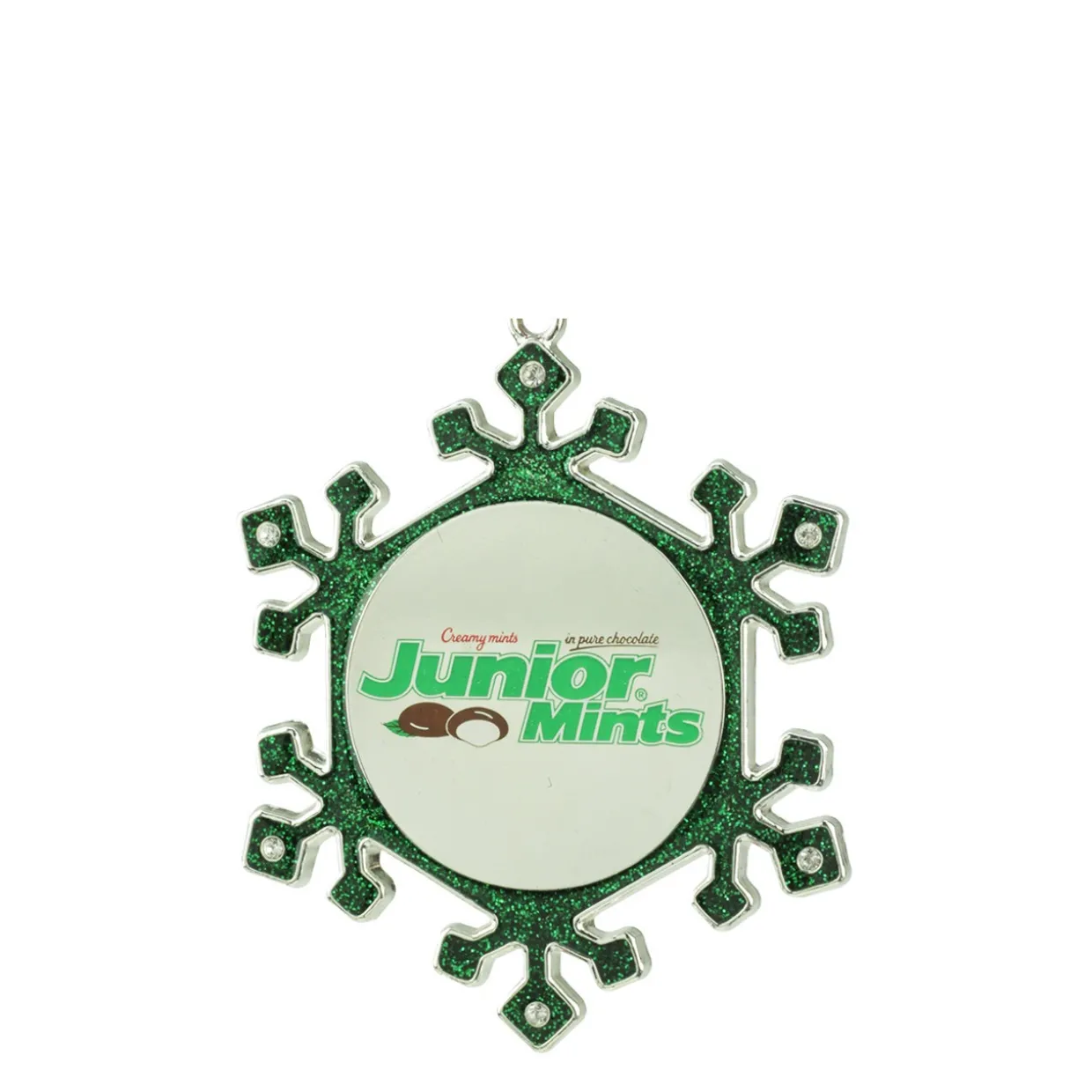 3.25" Green and Silver Snowflake 'Junior Mints' Candy Logo Christmas Ornament
