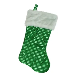 18" Green and White Faux-Fur Cuffed Disco Sequined Christmas Stocking