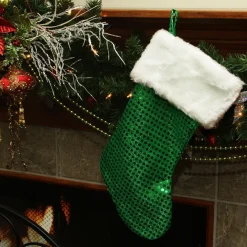 18" Green and White Faux-Fur Cuffed Disco Sequined Christmas Stocking