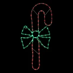 28" Green and White LED Lighted Candy Cane with Bow Christmas Window Silhouette