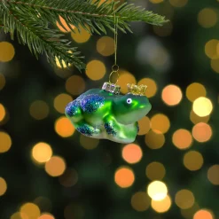 3" Green and White Prince Frog in a Gold Crown Glass Christmas Ornament