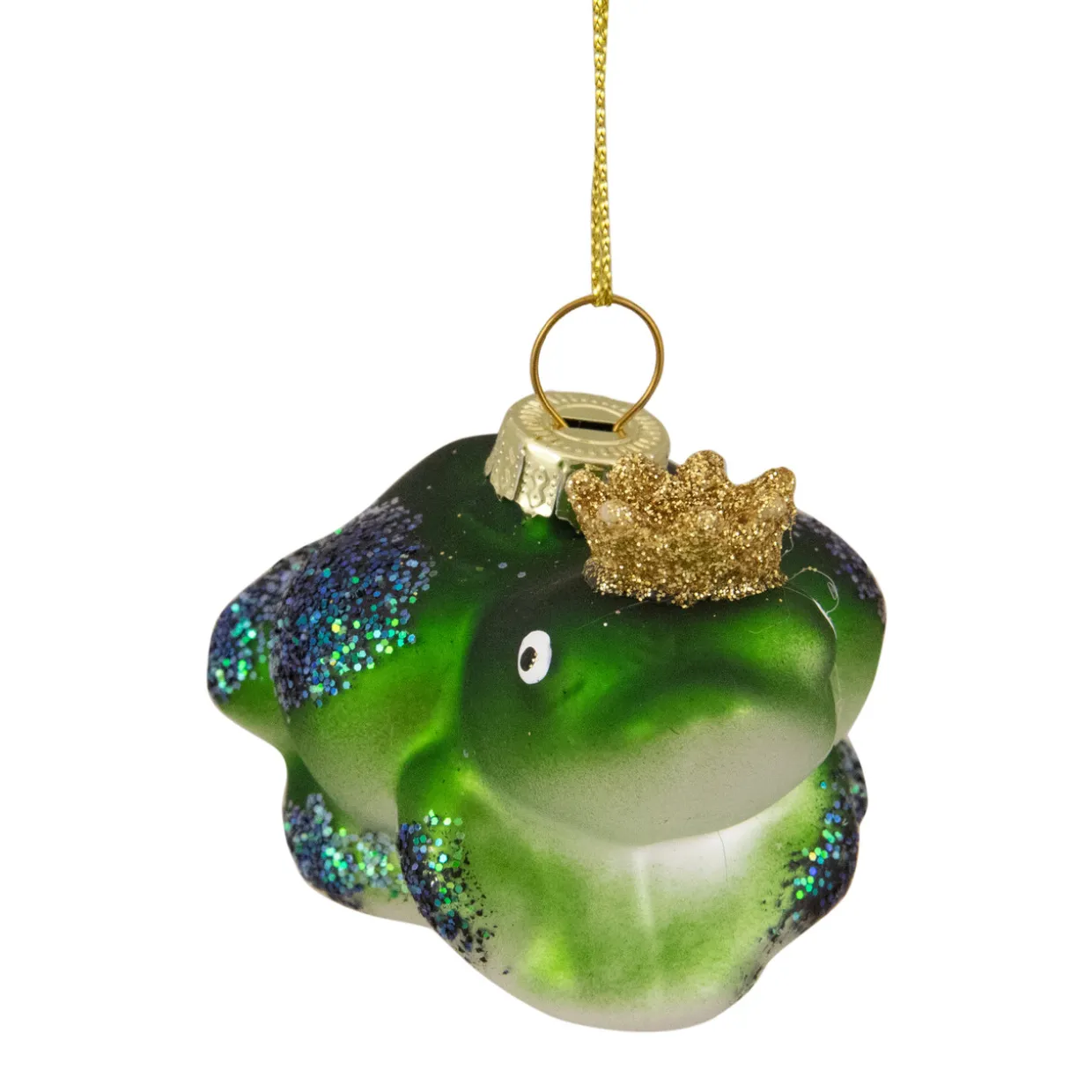 3" Green and White Prince Frog in a Gold Crown Glass Christmas Ornament