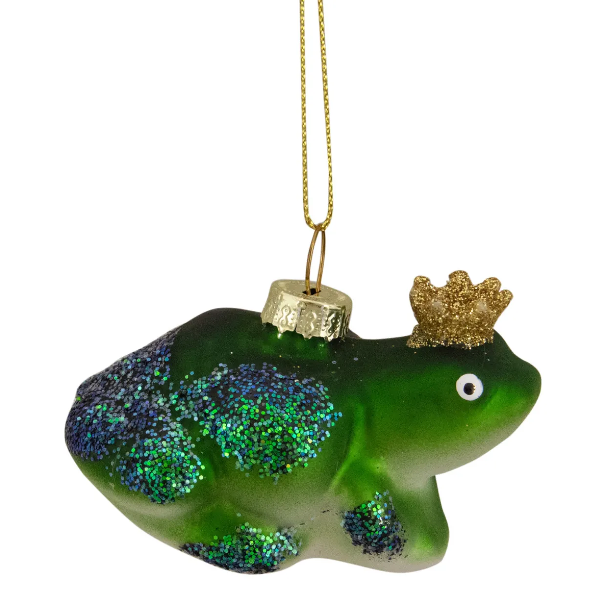 3" Green and White Prince Frog in a Gold Crown Glass Christmas Ornament