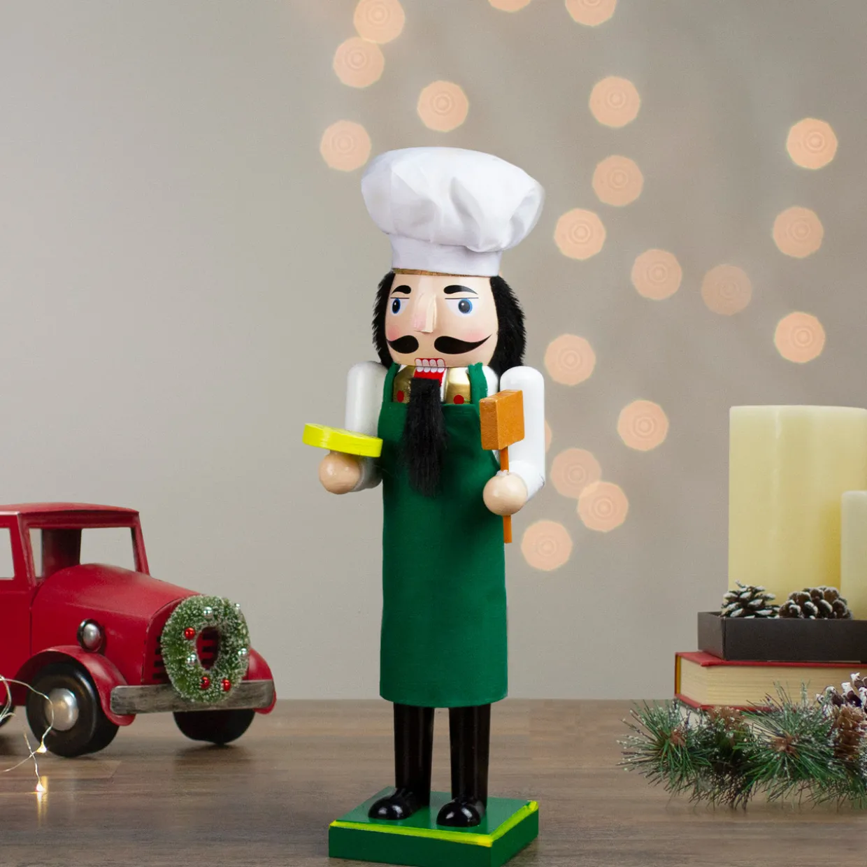 14" Green and White Wooden Christmas Nutcracker Pizza Maker