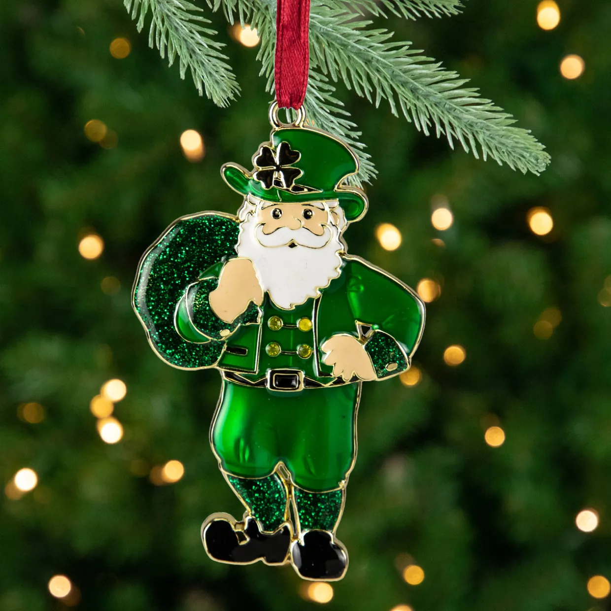 3.5" Green Brass-Plated Irish Santa Christmas Ornament with European Crystals