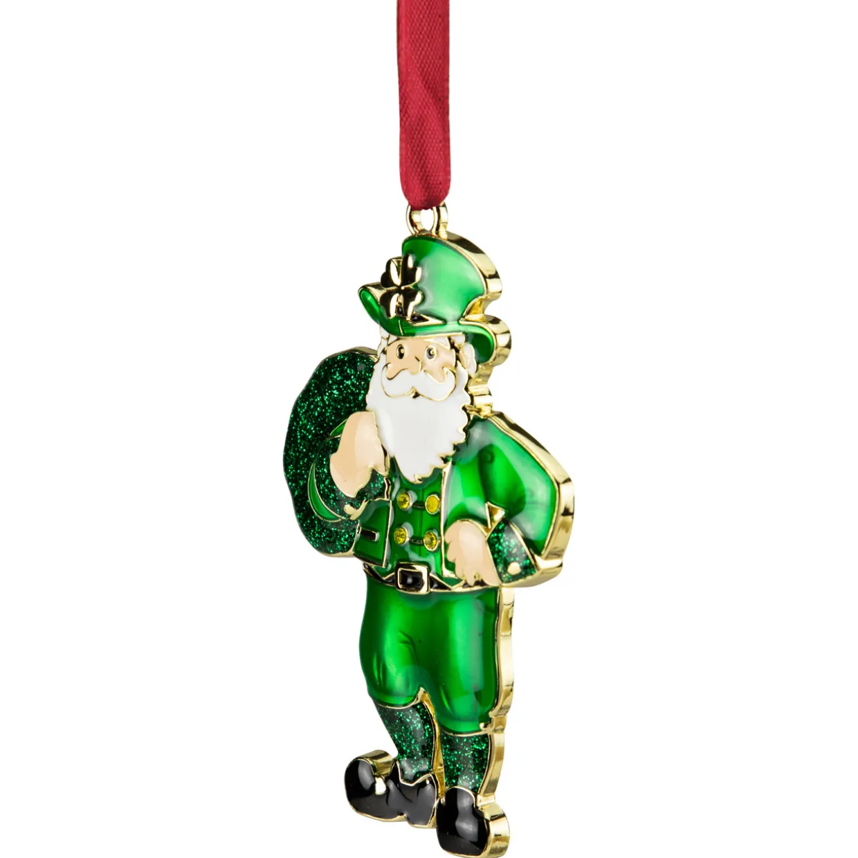 3.5" Green Brass-Plated Irish Santa Christmas Ornament with European Crystals