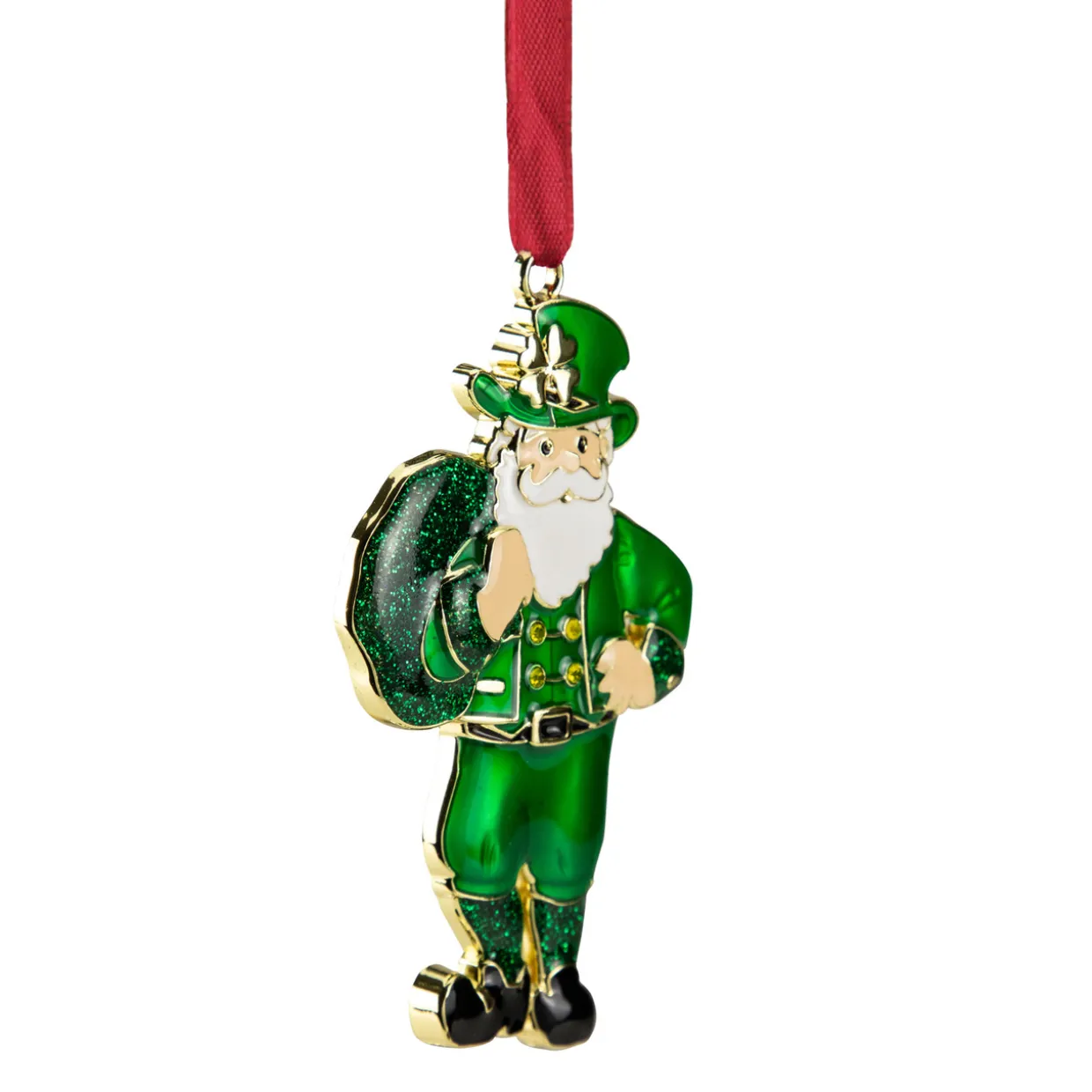 3.5" Green Brass-Plated Irish Santa Christmas Ornament with European Crystals