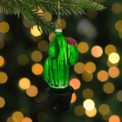 5" Green Cactus with Pink Flower Glass Christmas Ornament
