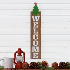 31.5" Green Christmas Tree and Red Star Tall Wooden Welcome Porch Board Sign Decoration