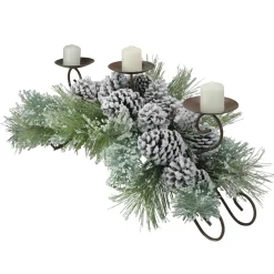 30" Green Frosted Pine Needle and Pine Cone Christmas Candle Holder