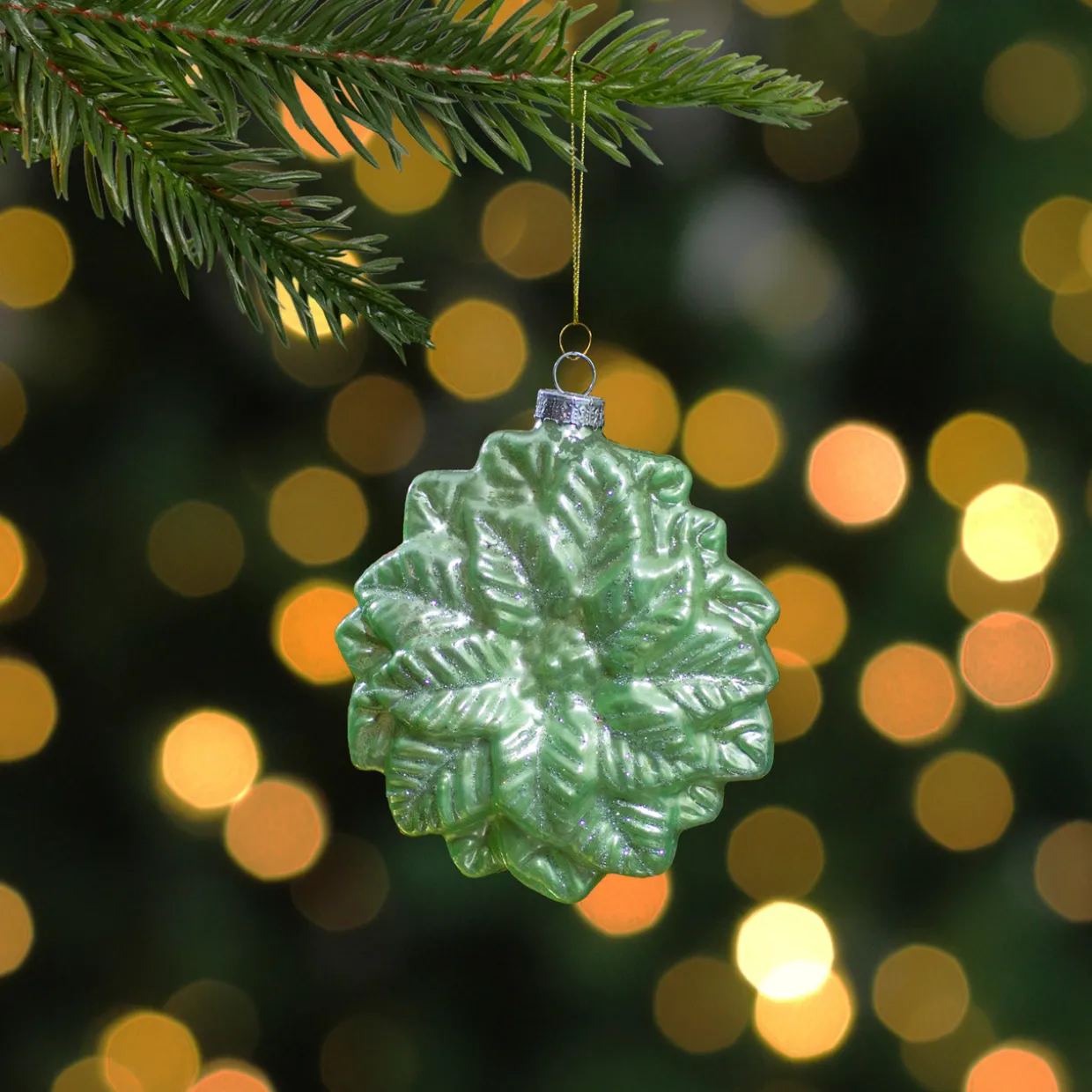 3.75" Green Glittered Poinsettia Flower Glass Christmas Ornament