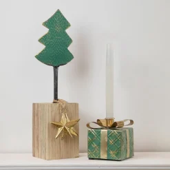 4.5" Green Metal Gift Box Christmas Taper Candle Holder