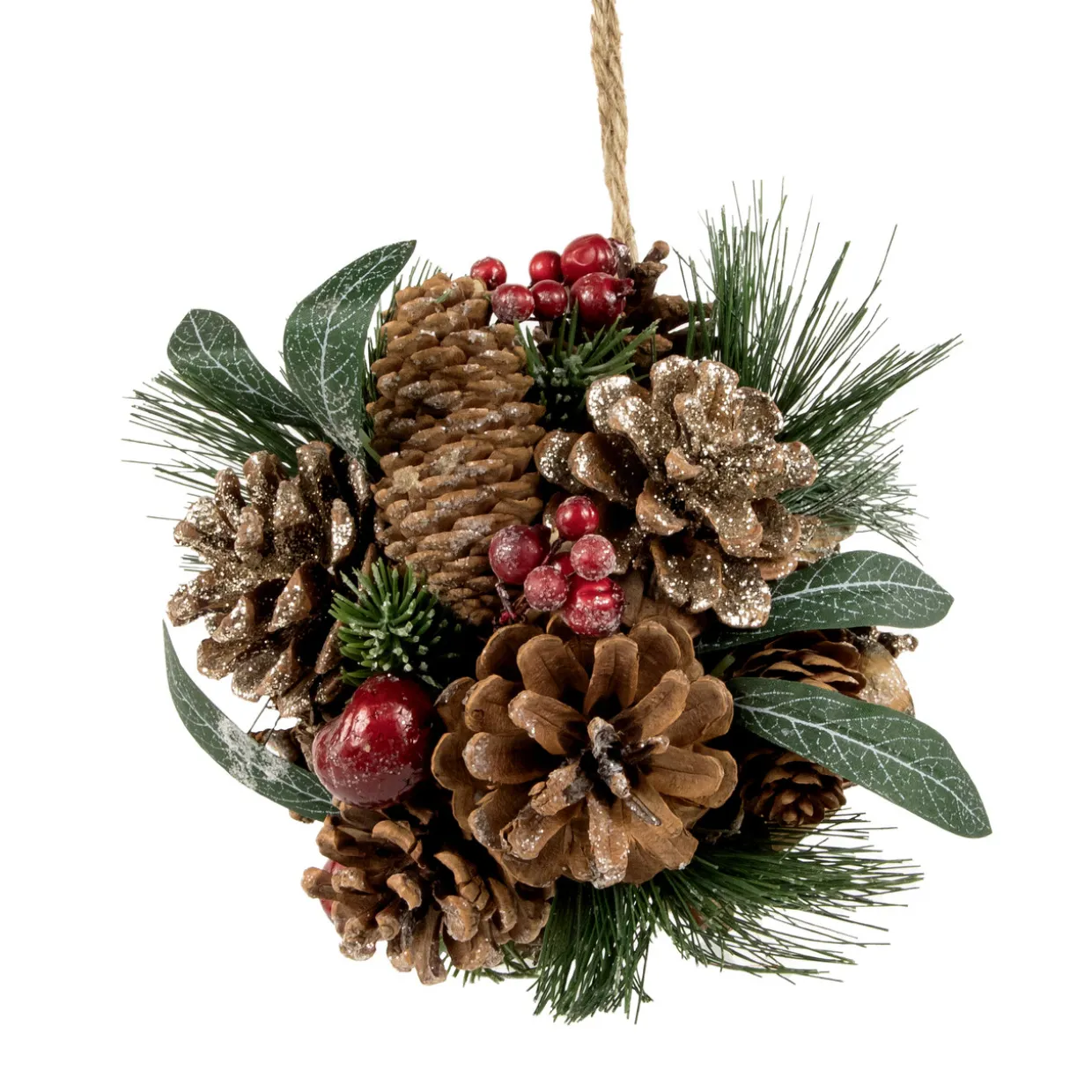 6" Green Mixed Foliage, Pinecone and Berries Hanging Christmas Ball Ornament