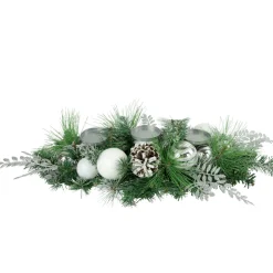 30" Green Pine and Needle Triple Candle Holder with Pinecones and Christmas Ornaments