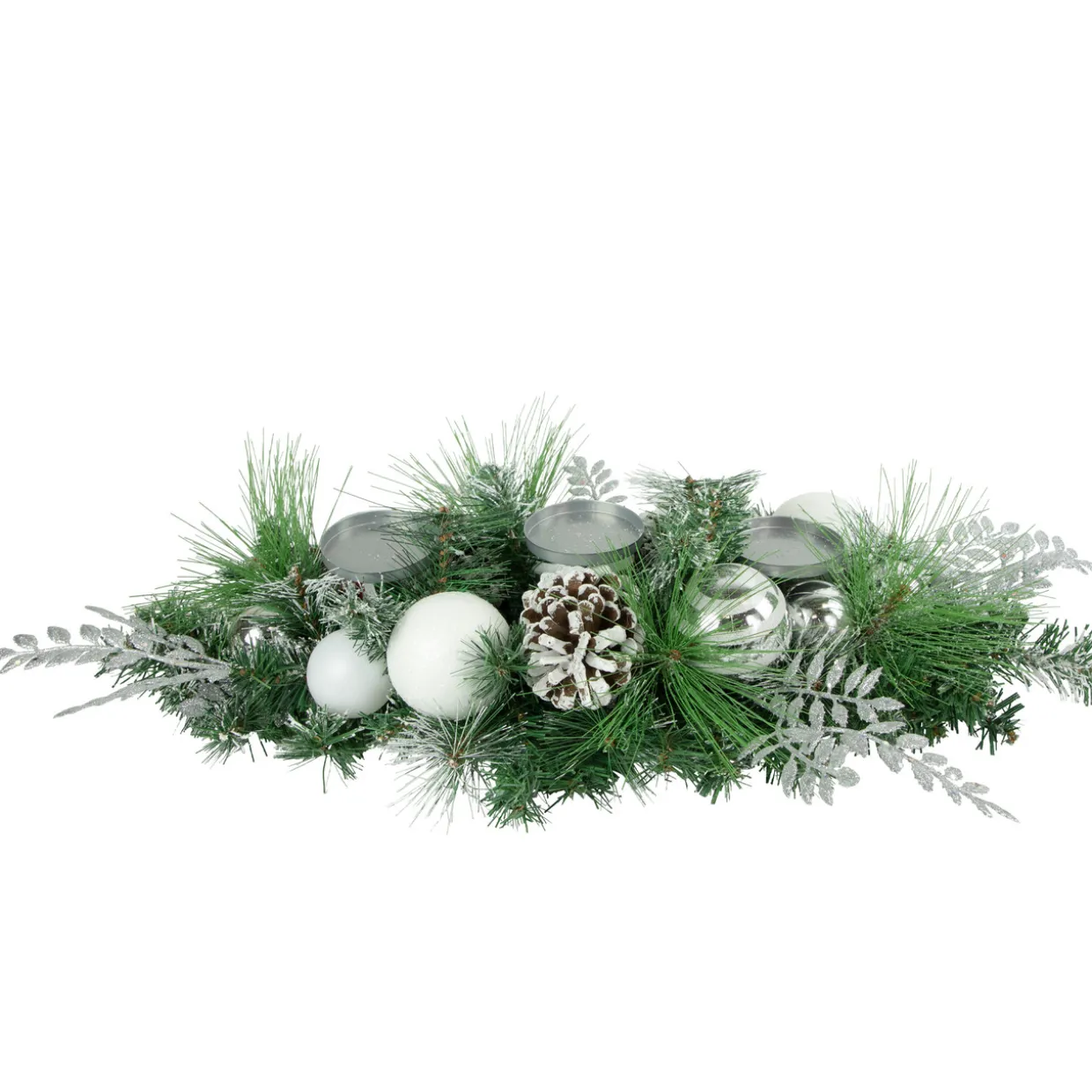 30" Green Pine and Needle Triple Candle Holder with Pinecones and Christmas Ornaments